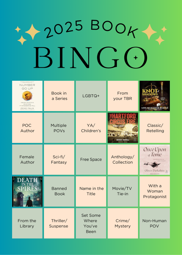 A book bingo card with 5 slots filled in