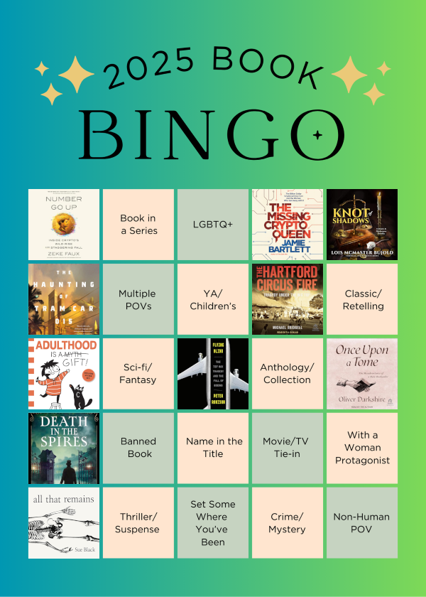 A book bingo card with 10 slots filled in